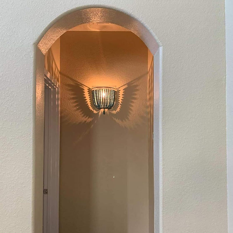 Contemporary Boho Solid Wood Iron Beaded Wall Sconce Lamp For Bedroom & Living Room