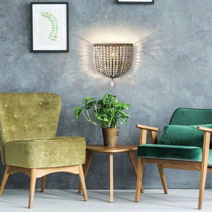Contemporary Boho Solid Wood Iron Beaded Wall Sconce Lamp For Bedroom & Living Room