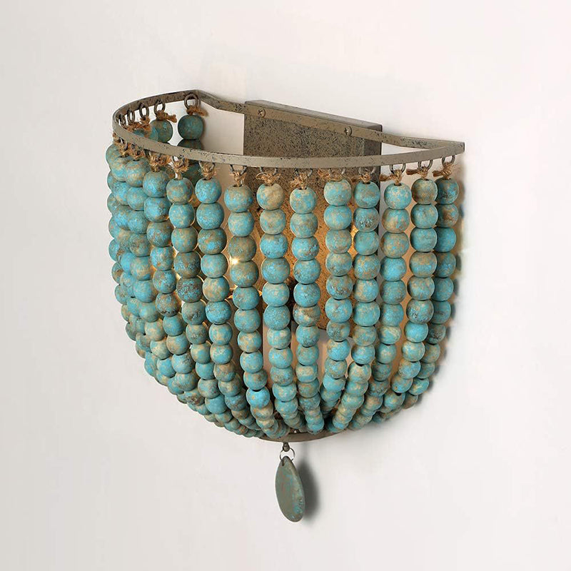 Contemporary Boho Solid Wood Iron Beaded Wall Sconce Lamp For Bedroom & Living Room