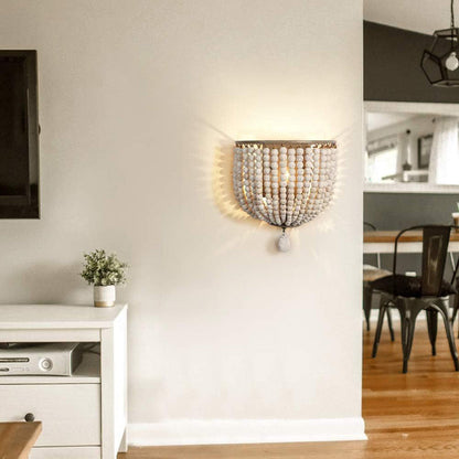 Contemporary Boho Solid Wood Iron Beaded Wall Sconce Lamp For Bedroom & Living Room