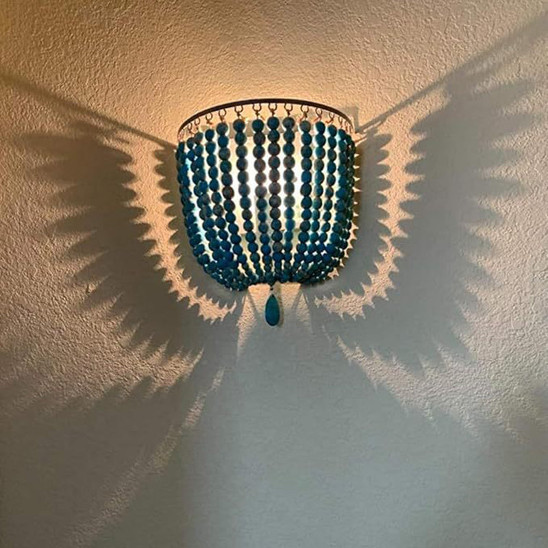 Contemporary Boho Solid Wood Iron Beaded Wall Sconce Lamp For Bedroom & Living Room