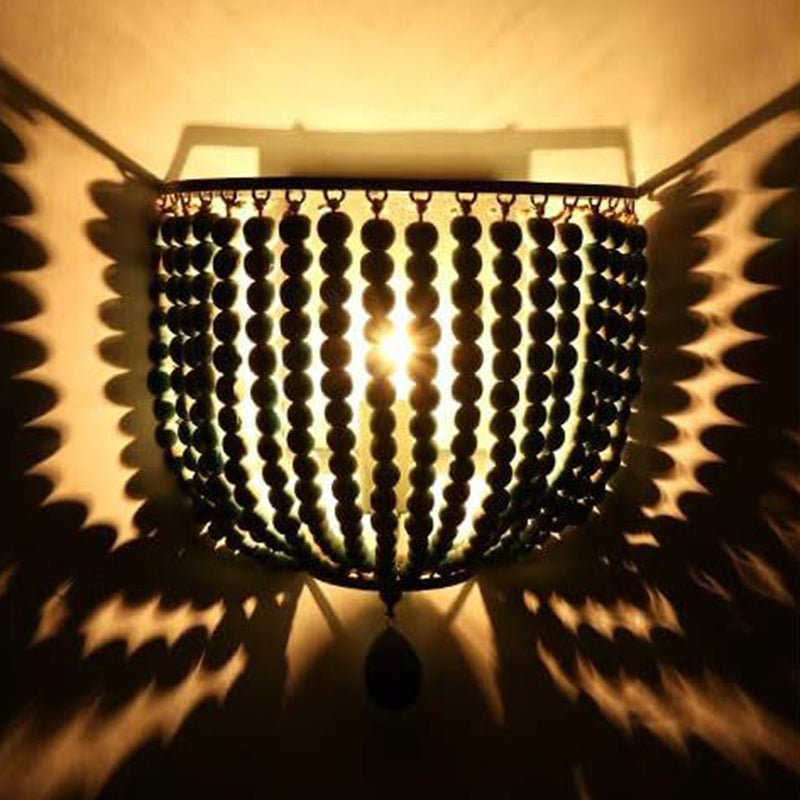 Contemporary Boho Solid Wood Iron Beaded Wall Sconce Lamp For Bedroom & Living Room