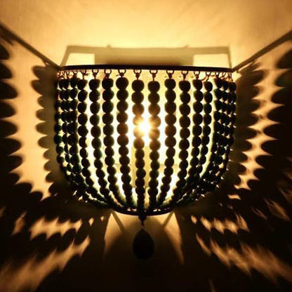 Contemporary Boho Solid Wood Iron Beaded Wall Sconce Lamp For Bedroom & Living Room
