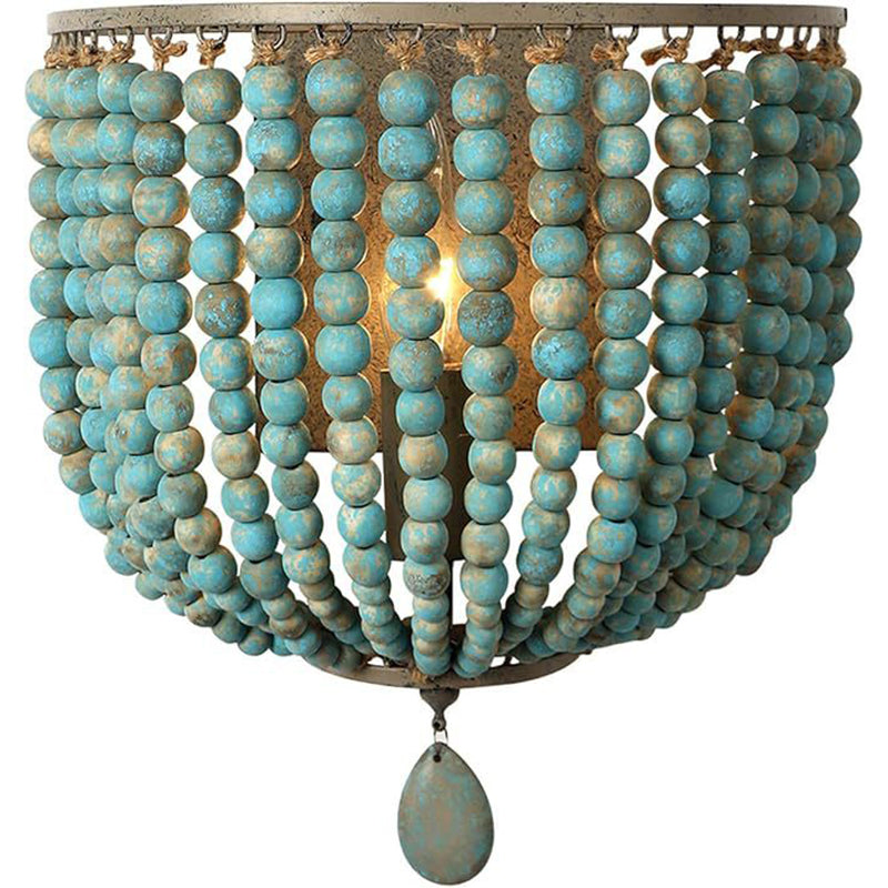 Contemporary Boho Solid Wood Iron Beaded Wall Sconce Lamp For Bedroom & Living Room