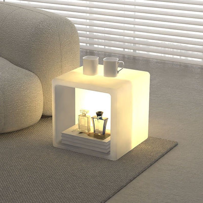 Modern Minimalist PE Rounded Square 1-Light Standing Floor Lamp With Storage Nightstand For Living Room & Bedroom
