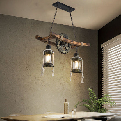 Contemporary Industrial Gear Wood Iron Glass 2 - Light Chandeliers For Dining Room