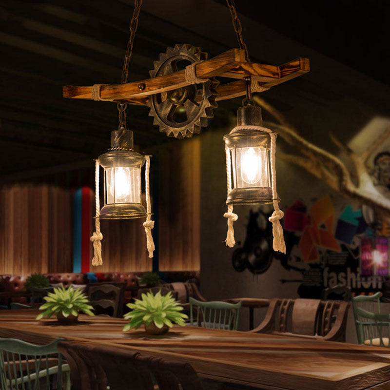 Contemporary Industrial Gear Wood Iron Glass 2 - Light Chandeliers For Dining Room