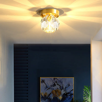 Traditional French Spherical Full Copper Crystal 1-Light Semi-Flush Mount Ceiling Light For Hallway