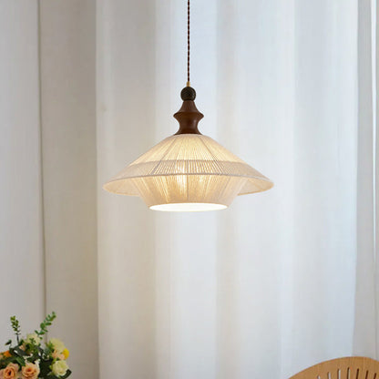 Traditional Vintage Petal Shaped Solid Wood Fabric 1-Light Pendant Light For Dining Room