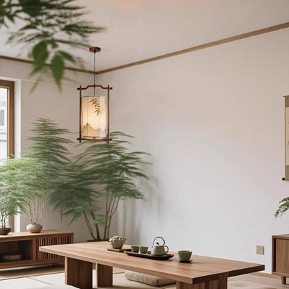 Traditional Chinese Lantern Shape Solid Wood Fabric 1-Light Pendant Light For Dining Room