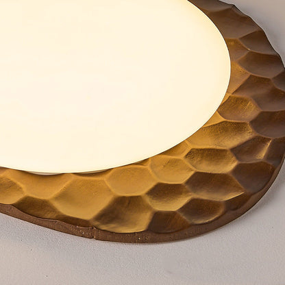 Traditional Vintage Irregular Shape Honeycomb Flower Pattern Oak Iron PVC LED Flush Mount Ceiling Light For Bedroom