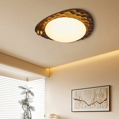 Traditional Vintage Irregular Shape Honeycomb Flower Pattern Oak Iron PVC LED Flush Mount Ceiling Light For Bedroom