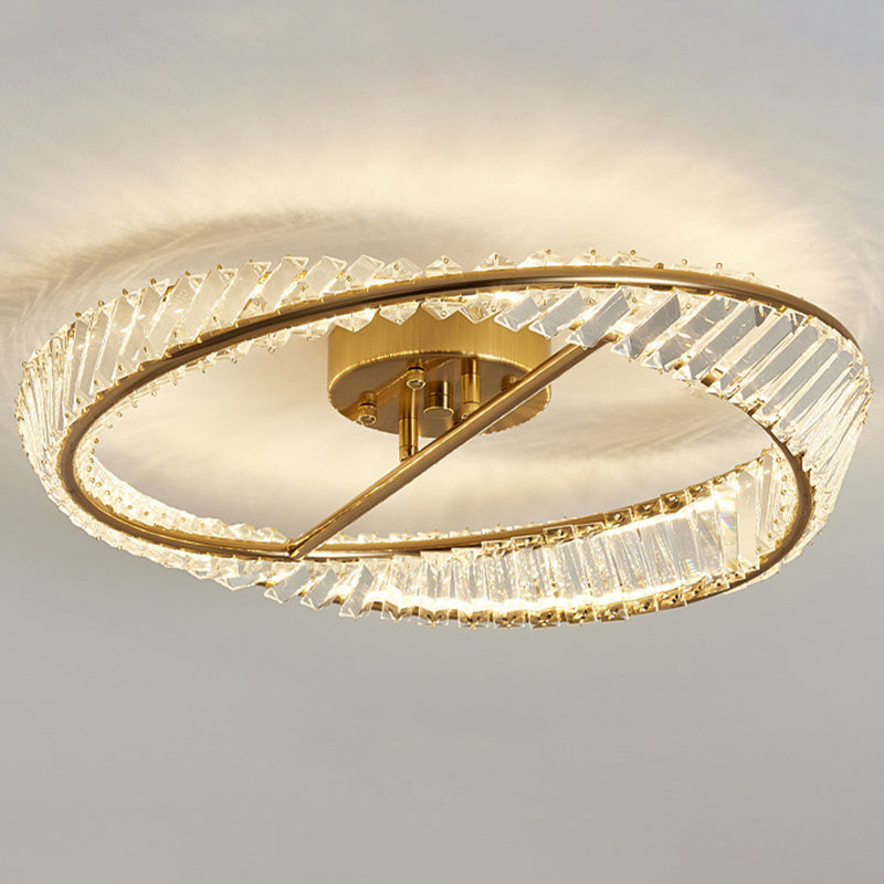 Traditional Luxury Ring Metal Crystal LED Semi-Flush Mount Ceiling Light For Bedroom