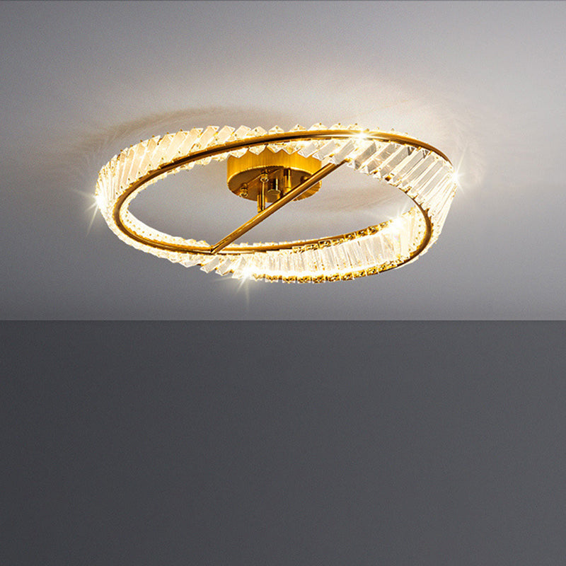 Traditional Luxury Ring Metal Crystal LED Semi-Flush Mount Ceiling Light For Bedroom