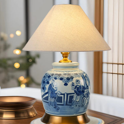 Traditional Chinese Vase-shaped Ceramic Hardware Fabric 1-Light Table Lamp For Bedroom