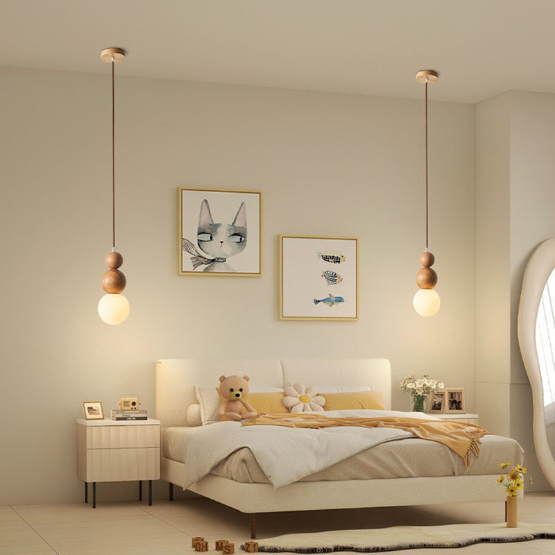 Traditional Vintage Gourd-Shaped Solid Wood Glass 1-Light Pendant Light For Bedroom