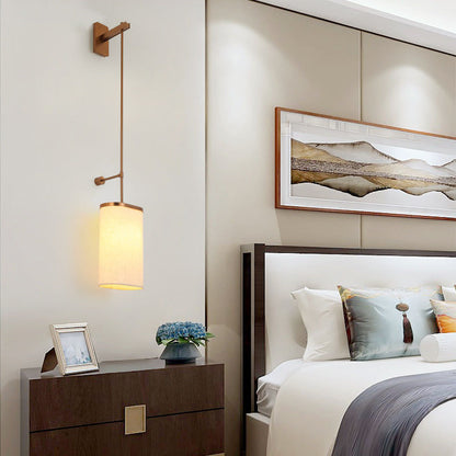 Traditional Vintage Long Pole Cylindrical Stainless Steel Acrylic Linen 1-Light Wall Sconce Lamp For Bedroom