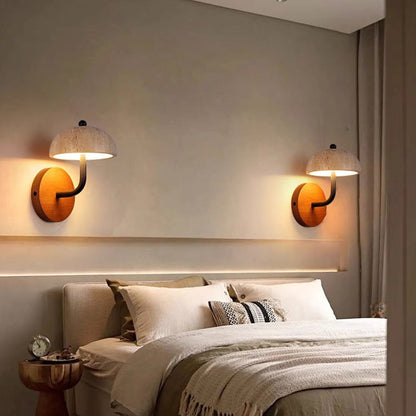 Traditional Vintage Round Mushroom Metal Walnut Travertine LED Wall Sconce Lamp For Bedroom