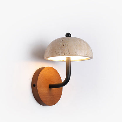 Traditional Vintage Round Mushroom Metal Walnut Travertine LED Wall Sconce Lamp For Bedroom