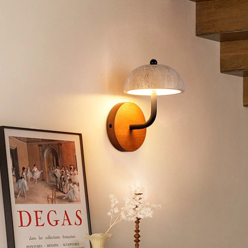 Traditional Vintage Round Mushroom Metal Walnut Travertine LED Wall Sconce Lamp For Bedroom