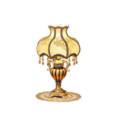 Traditional Luxury Flower-Shaped Cylindrical Metal Resin Fabric 1-Light Table Lamp For Bedroom