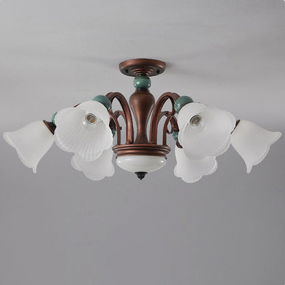 Traditional Vintage Multi-Flower Metal Glass 4/7/9/11-Light Semi-Flush Mount Ceiling Light For Living Room
