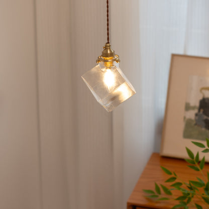 Modern Minimalist Square Metal Glass Copper 1-Light Pendant Light For Living Room