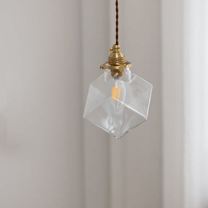 Modern Minimalist Square Metal Glass Copper 1-Light Pendant Light For Living Room