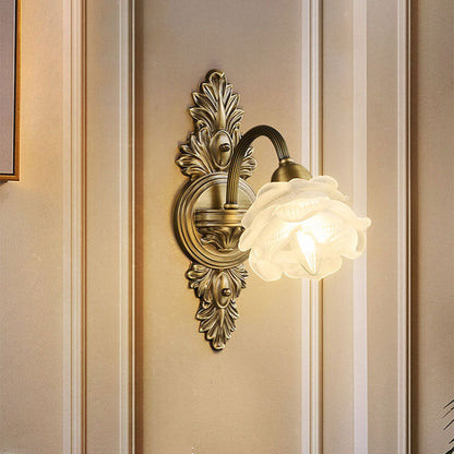 Traditional French Floral-Shaped Copper Glass 1/2-Light Wall Sconce Lamp For Bedroom