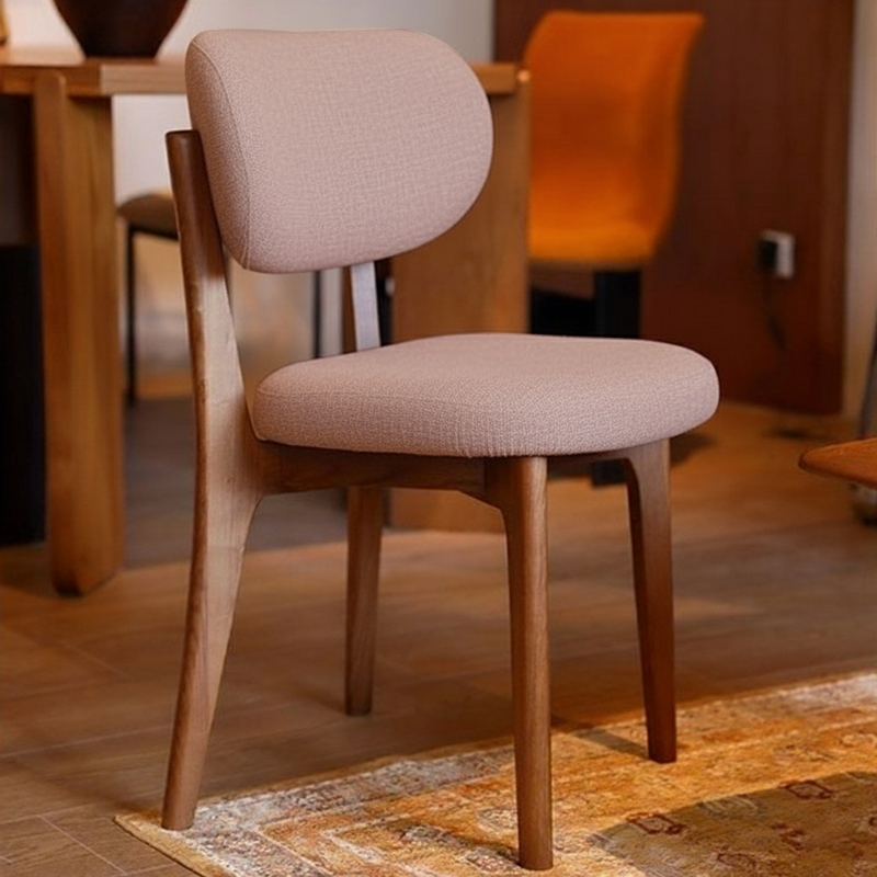 Traditional French Round Cushion Color-Spun Fabric Solid Ash Wood Dining Chair With Backrest For Dining Room & Kitchen