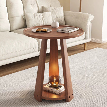 Modern Minimalist Solid Wood Round Coffee Table 2-Tier For Living Room