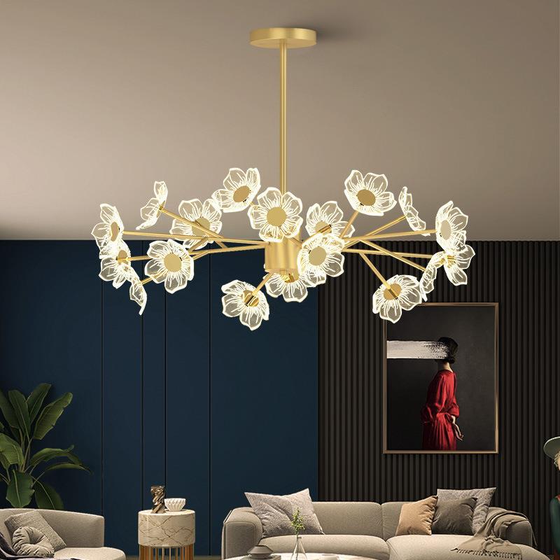 Contemporary Nordic Dome Flower Branch Rod Iron Acrylic LED Chandeliers For Dining Room