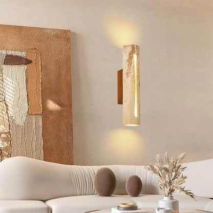Contemporary Nordic Cylinder Yellow Travertine Solid Wood 1-Light Wall Sconce Lamp For Living Room & Bedroom