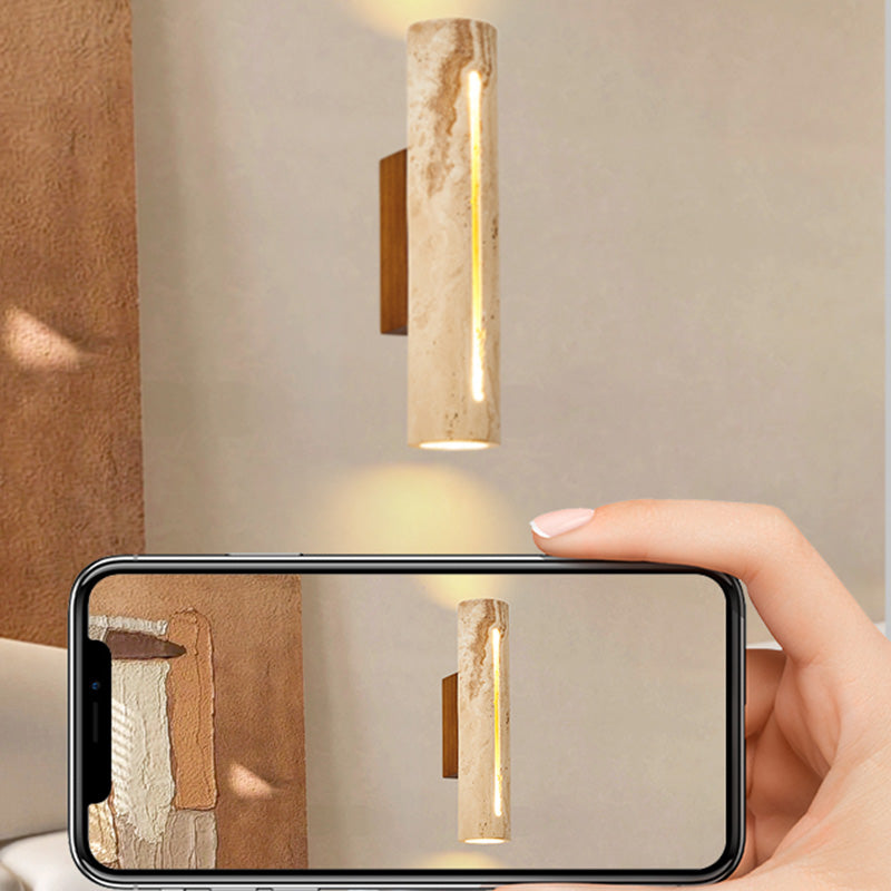Contemporary Nordic Cylinder Yellow Travertine Solid Wood 1-Light Wall Sconce Lamp For Living Room & Bedroom