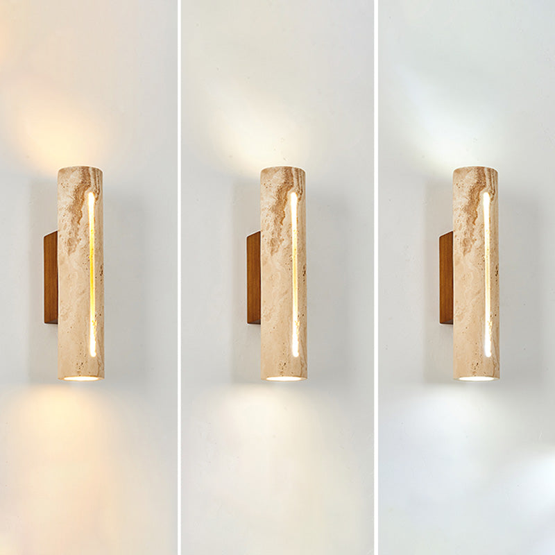 Contemporary Nordic Cylinder Yellow Travertine Solid Wood 1-Light Wall Sconce Lamp For Living Room & Bedroom
