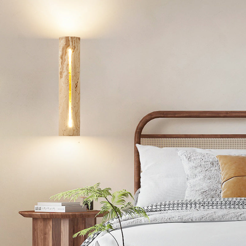 Contemporary Nordic Cylinder Yellow Travertine Solid Wood 1-Light Wall Sconce Lamp For Living Room & Bedroom