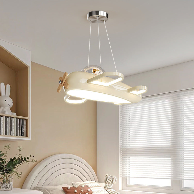 Contemporary Creative Aircraft-Inspired Wrought Iron PE Solid Wood Kids LED Pendant Light For Bedroom