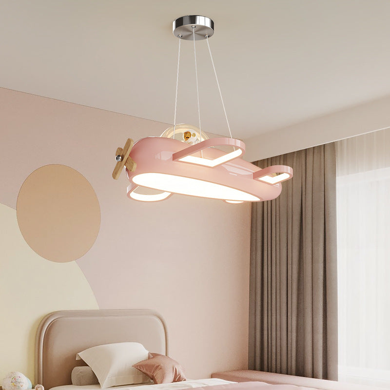 Contemporary Creative Aircraft-Inspired Wrought Iron PE Solid Wood Kids LED Pendant Light For Bedroom