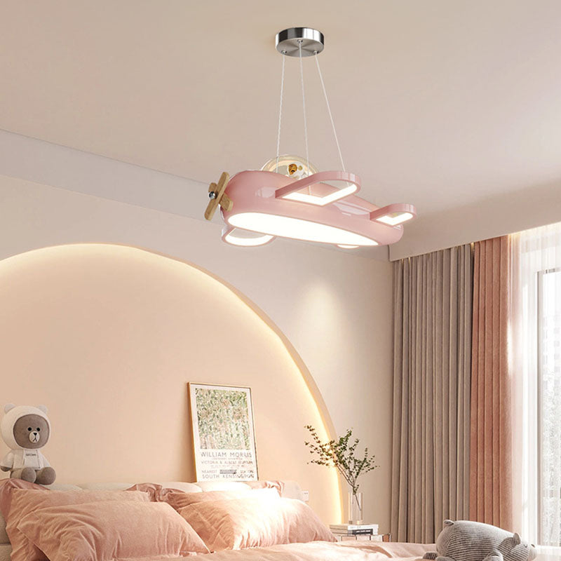 Contemporary Creative Aircraft-Inspired Wrought Iron PE Solid Wood Kids LED Pendant Light For Bedroom