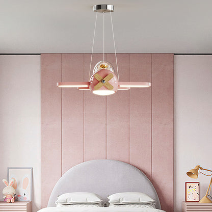 Contemporary Creative Aircraft-Inspired Wrought Iron PE Solid Wood Kids LED Pendant Light For Bedroom