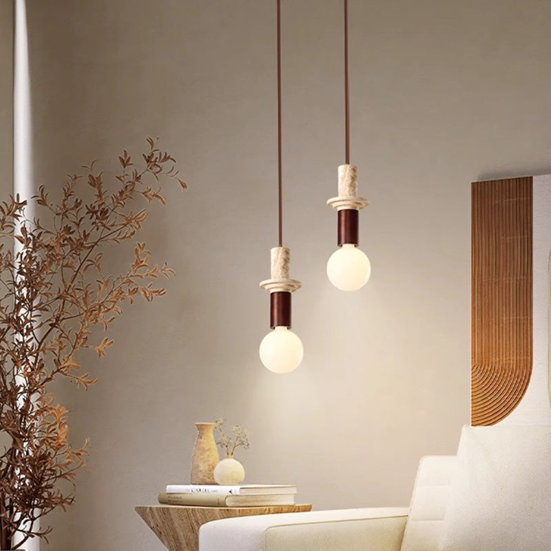 Contemporary Scandinavian Cylinder Yellow Travertine Solid Wood 1-Light Pendant Light For Bedroom & Living Room