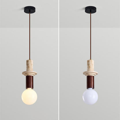 Contemporary Scandinavian Cylinder Yellow Travertine Solid Wood 1-Light Pendant Light For Bedroom & Living Room