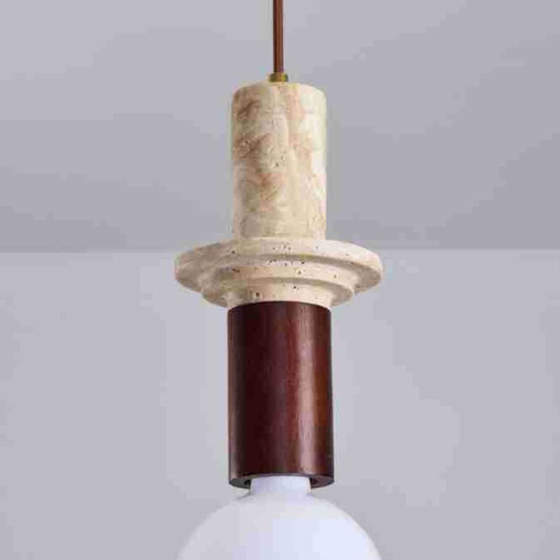 Contemporary Scandinavian Cylinder Yellow Travertine Solid Wood 1-Light Pendant Light For Bedroom & Living Room