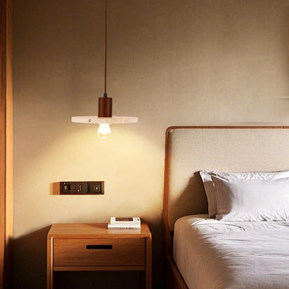 Contemporary Nordic Cylinder Yellow Travertine Solid Wood 1-Light Pendant Light For Bedroom & Living Room