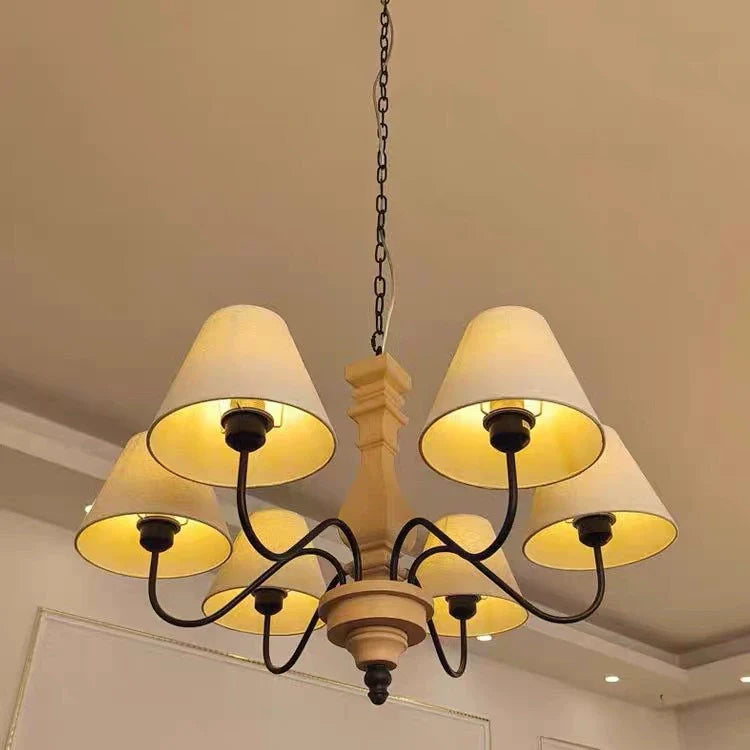 Traditional French Round Turned Wood Design Wrought Iron Solid Wood 4/6-Light Chandeliers For Living Room