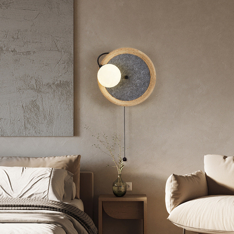 Contemporary Scandinavian Round Wrought Iron Yellow Travertine 1-Light Wall Sconce Lamp With Zipper For Bedroom & Living Room