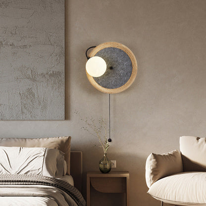 Contemporary Scandinavian Round Wrought Iron Yellow Travertine 1-Light Wall Sconce Lamp With Zipper For Bedroom & Living Room