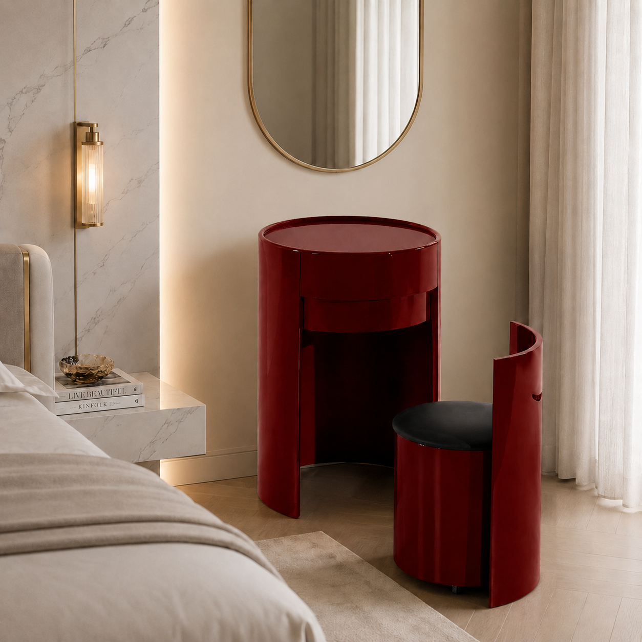 Nordic Round Makeup Vanity Set - MDF Dressing Table With 2 Drawers & Rolling Storage Chair
