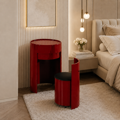 Nordic Round Makeup Vanity Set - MDF Dressing Table With 2 Drawers & Rolling Storage Chair