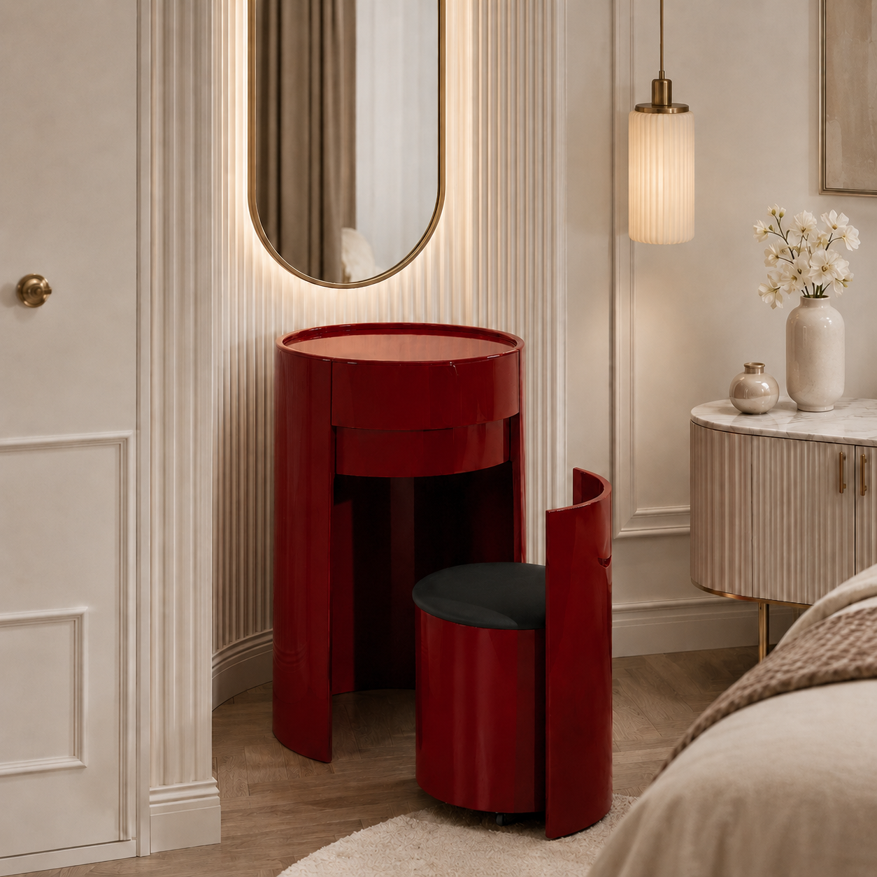 Nordic Round Makeup Vanity Set - MDF Dressing Table With 2 Drawers & Rolling Storage Chair